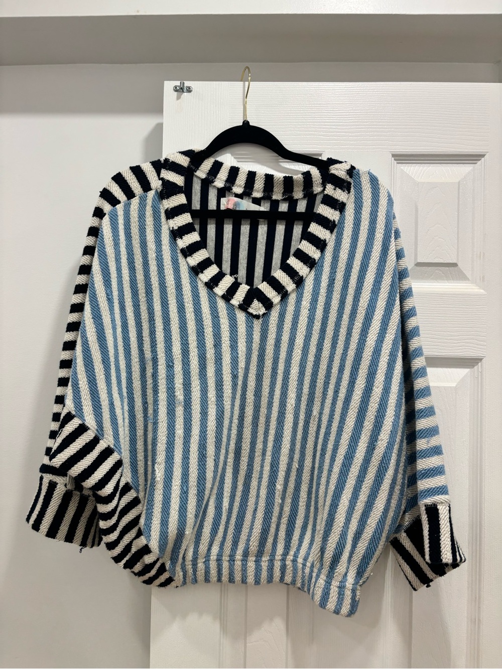 Free People Blue and White Striped V-Neck Sweater with Black Trim